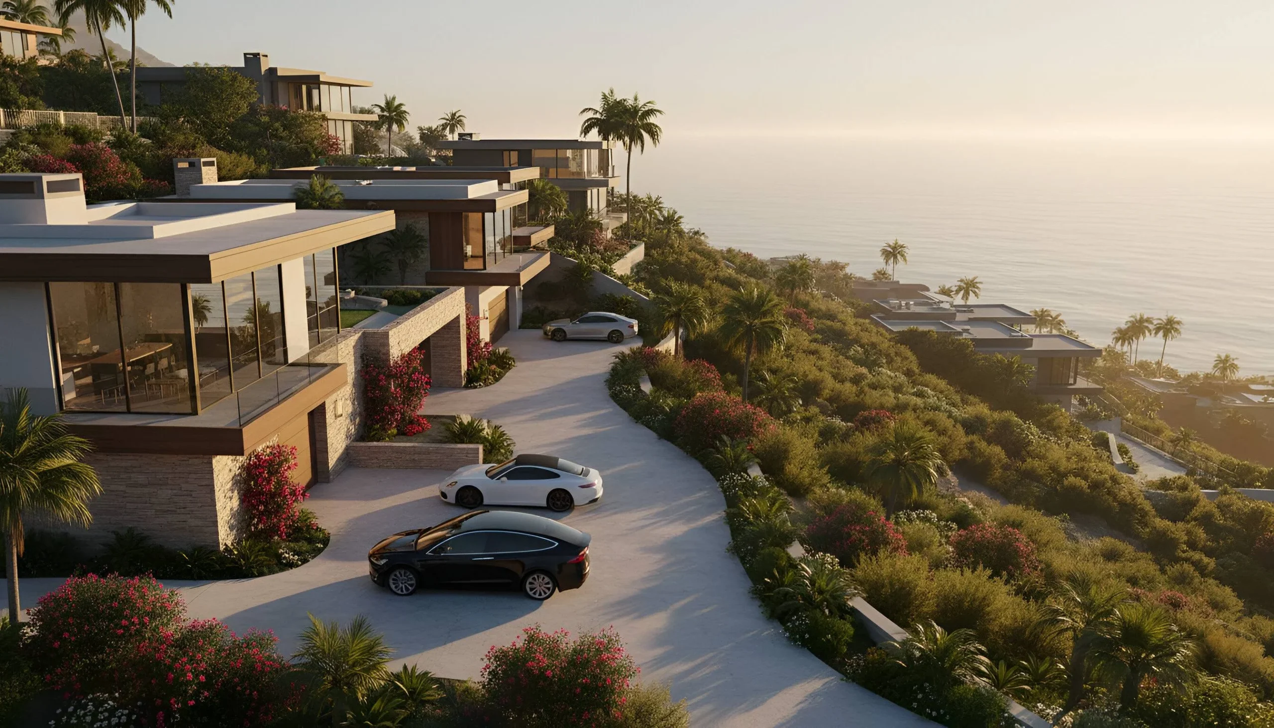 Aerial view of hillside homes with palm trees, winding road, cars, and ocean view, real estate.