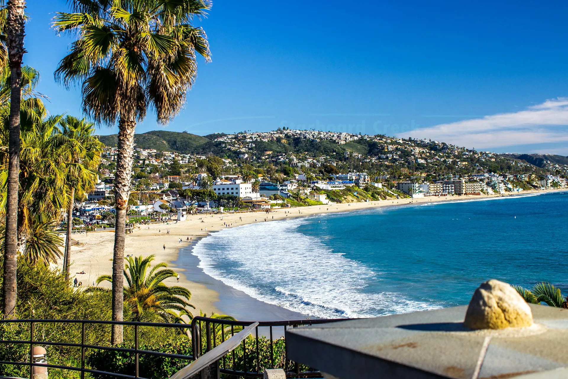 Beach with palm trees and hills along the coast.