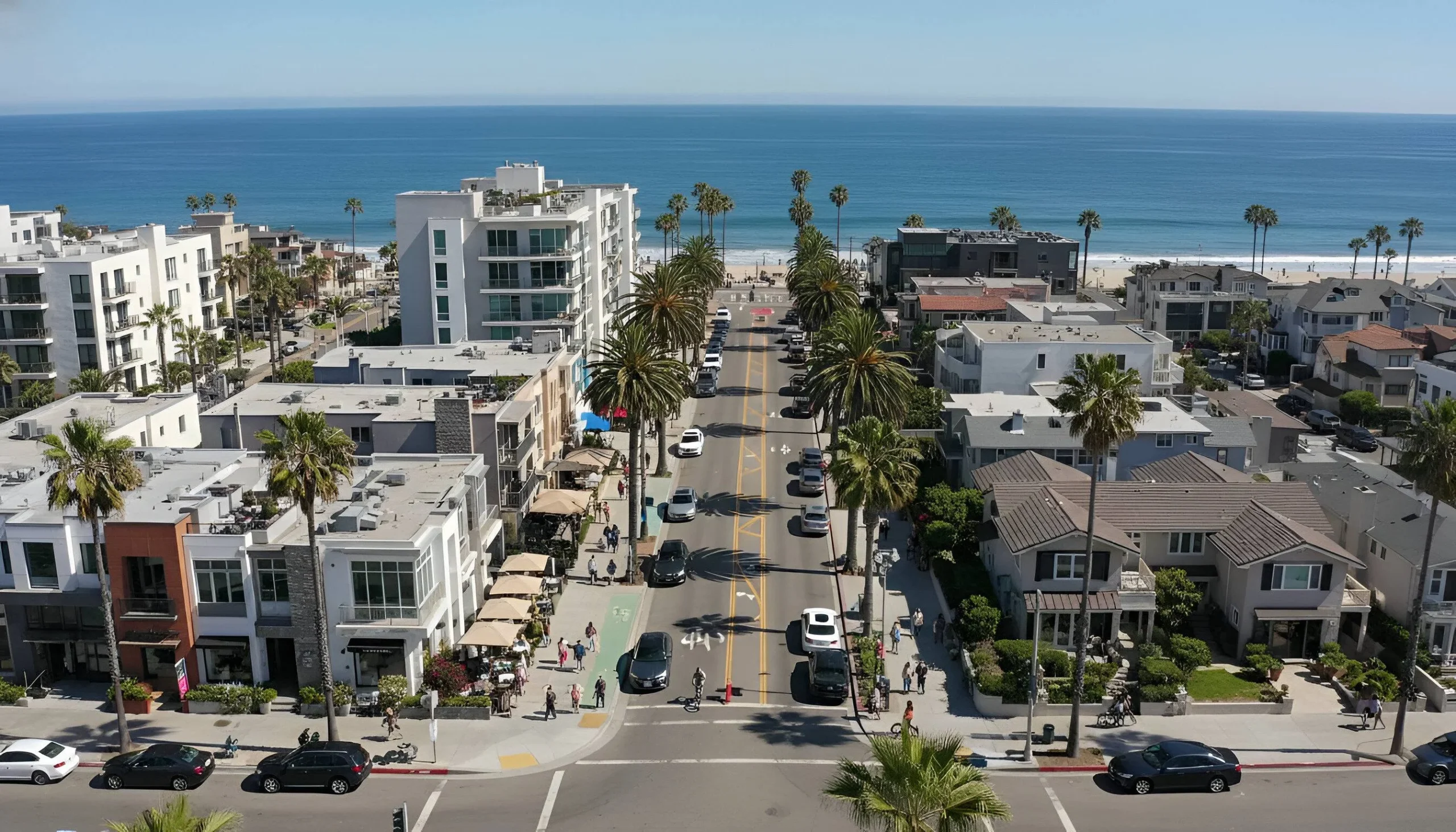 Aerial view of coastal street with palm trees, buildings, cars, and ocean.