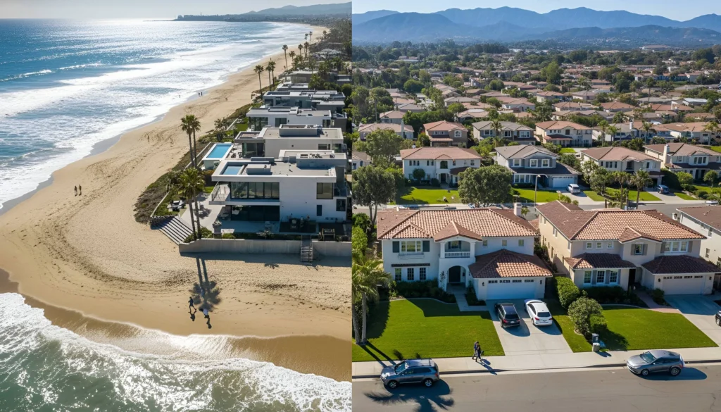 Aerial view of beach and nearby houses with palm trees and ocean waves, real estate.