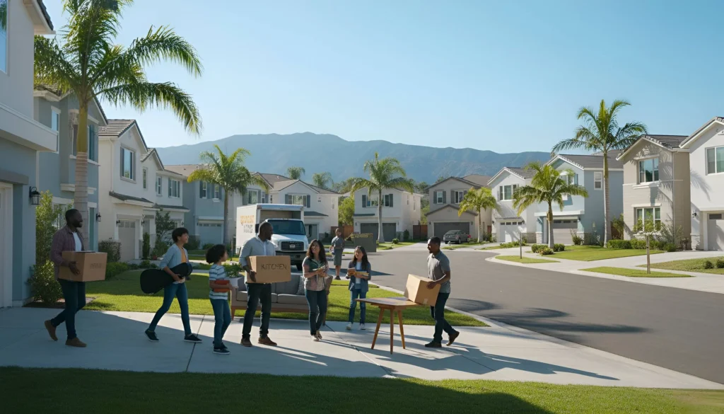 People carrying boxes on a neighborhood street with houses and palm trees, real estate.