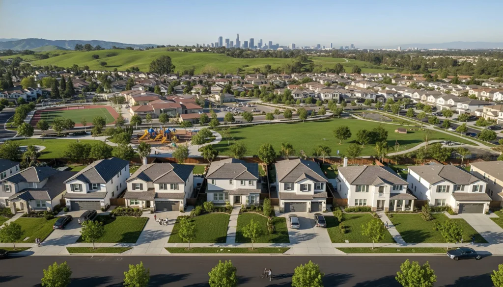 Aerial view of neighborhood with houses, parks, playground, and city skyline, real estate.