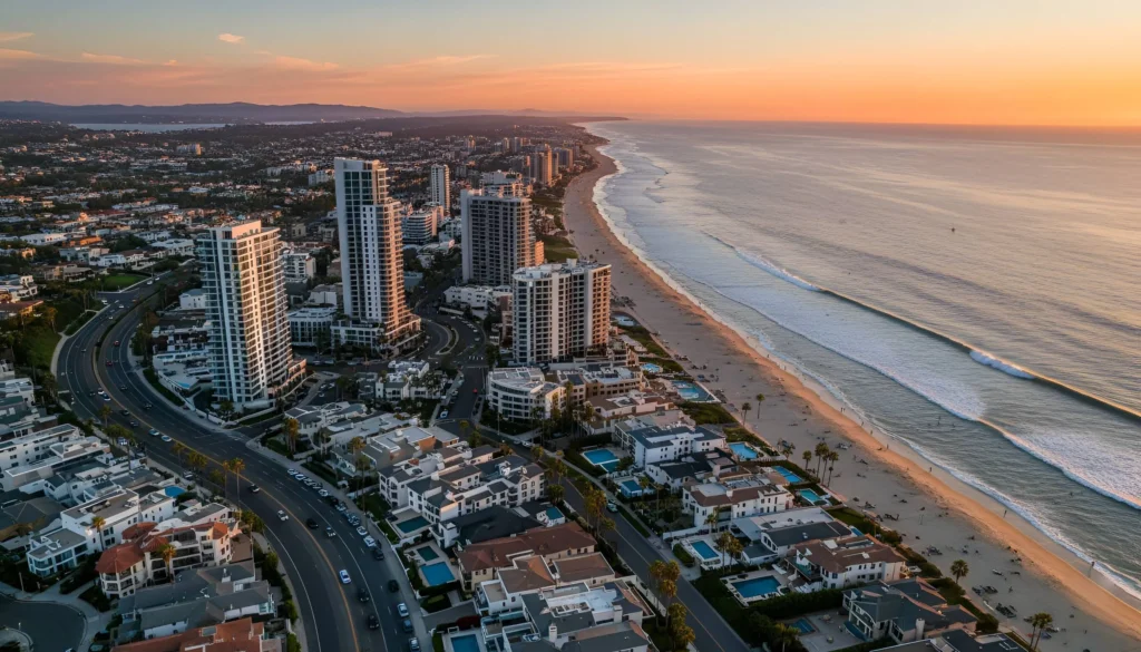 Aerial view of coastal city with tall buildings, beach, and ocean waves.