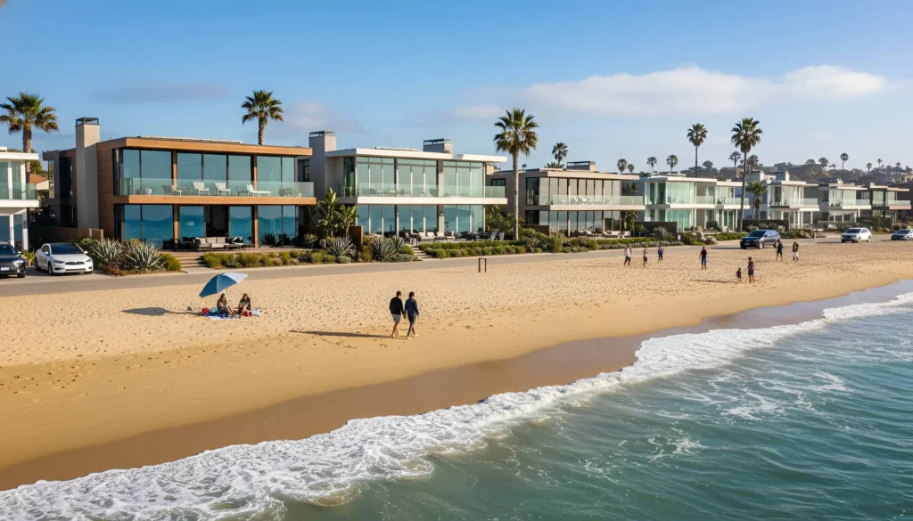 Aerial view of beachfront houses by sandy beach with palm trees and umbrellas, real estate.